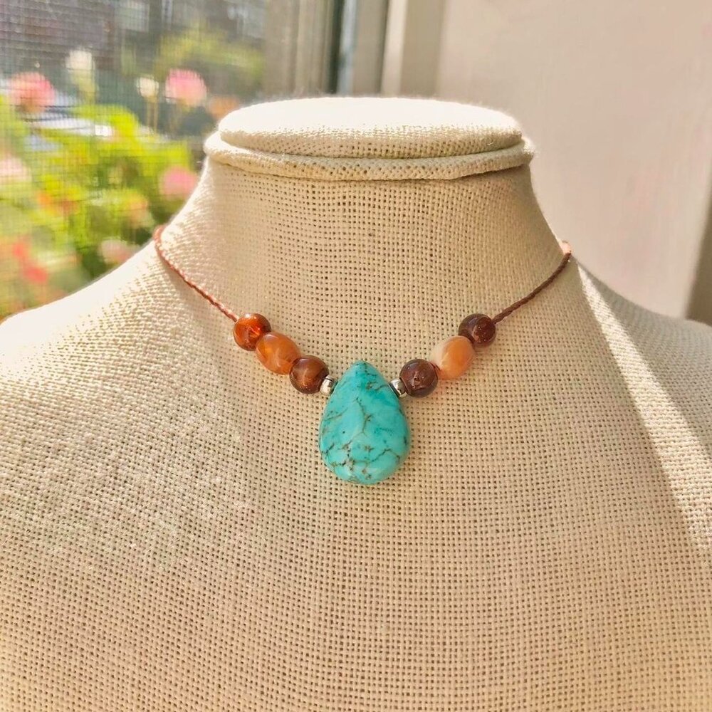 Boho Turquoise Howlite Teardrop Honey Beaded (Brown) Necklace/Choker